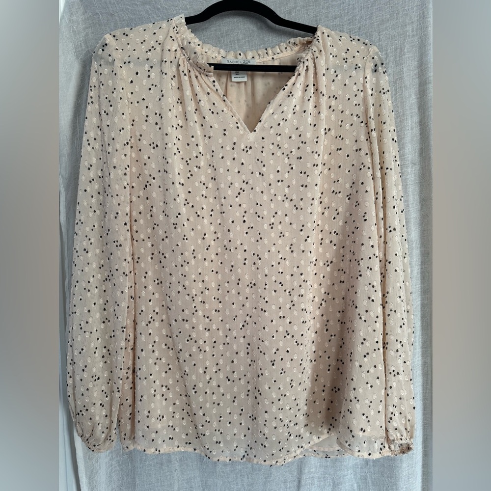 NWOT - Rachel Zoe Light Pink and Black Polka Dot Blouse Sz L